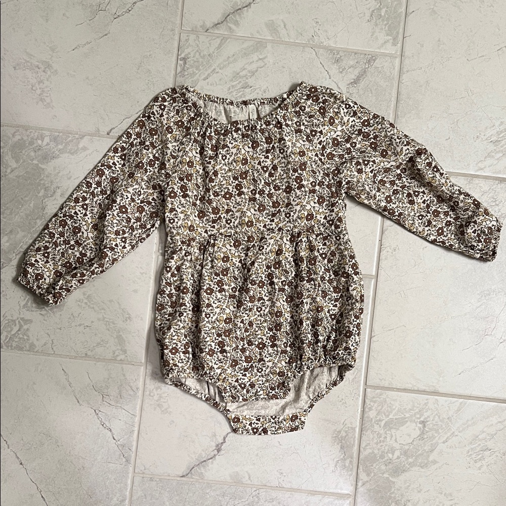 Rylee + Cru Floral Long-Sleeve One-Piece in Cream, Brown, Mustard